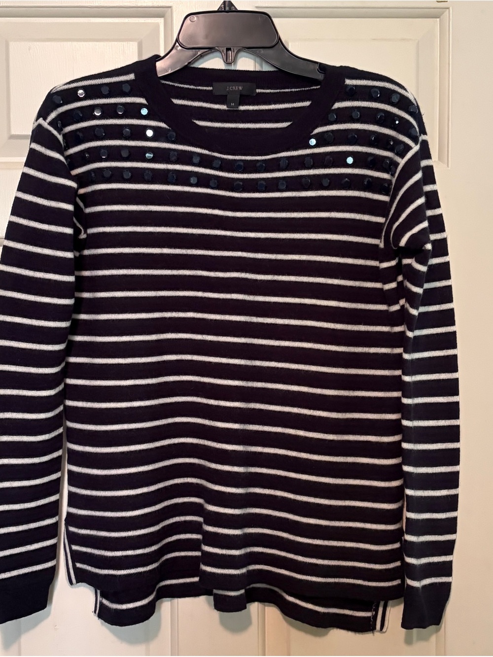 J. Crew Navy & White Striped Crewneck Sweater with Stud Accents
